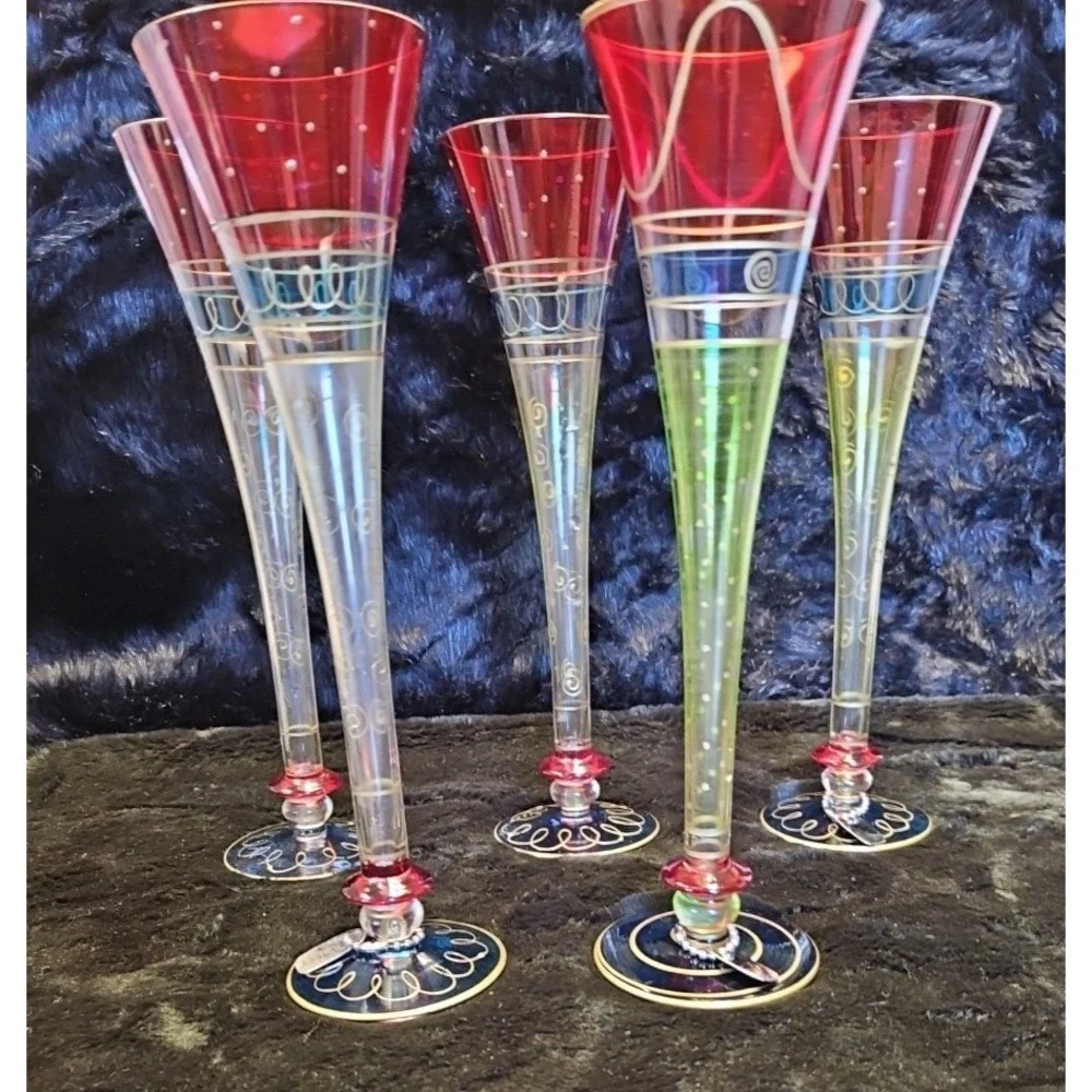 Vintage Pier 1 5-Glass Champagne Flutes Hand Painted & Blown 3-rings 8Pc. 11.5